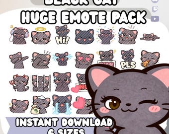 Kawaii Black Cat Twitch Emotes Pack | Pastel Stream Icons (Digital Download)