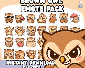 Kawaii Owl Twitch Emotes Pack | Brown Owl Stream Icons (Digital Download)