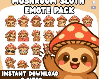 Kawaii Mushroom Sloth Twitch Emotes Pack | Sloth Stream Icons (Digital Download)