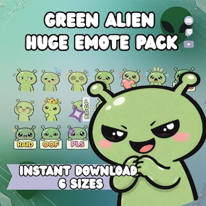 May include: A digital graphic featuring a collection of green alien emotes with various expressions. The text "GREEN ALIEN HUGE EMOTE PACK" is displayed at the top, with "INSTANT DOWNLOAD 6 SIZES" at the bottom. A large green alien is on the right.