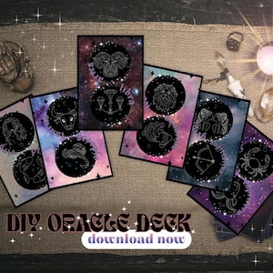 Puede incluir: Un mazo de oráculo DIY con cartas que muestran símbolos del zodiaco sobre fondos cósmicos. Las cartas están dispuestas sobre una superficie texturizada, con las palabras "DIY Oracle Deck" y "download now" visibles. La paleta de colores incluye negro, morado y azul.