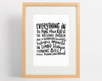 Radiohead Kid A poster, Radiohead print, lyrics print, kid a, handmade print, Radiohead poster, music posters, music prints