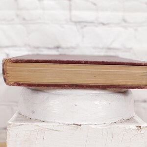 Pu&ograve; includere: Un libro antico rilegato con copertina color granata e scritte dorate sul dorso. Il libro &egrave; appoggiato su un piedistallo bianco.