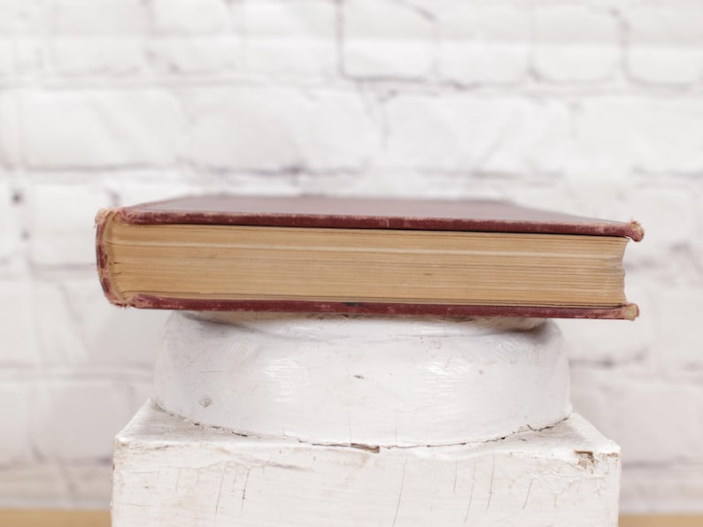 Pu&ograve; includere: Un libro antico rilegato con copertina color granata e scritte dorate sul dorso. Il libro &egrave; appoggiato su un piedistallo bianco.