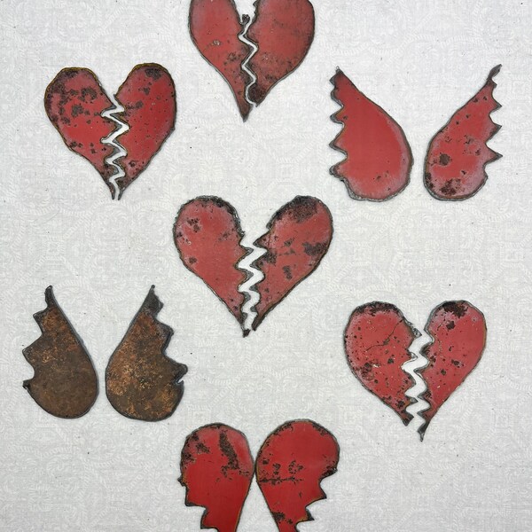 Valentine Broken Heart, Rusty Metal Heart, Hand Cut 2.5 to 3", Reclaimed Metal, Recycled Metal, Angel Wings,  For Mixed Media