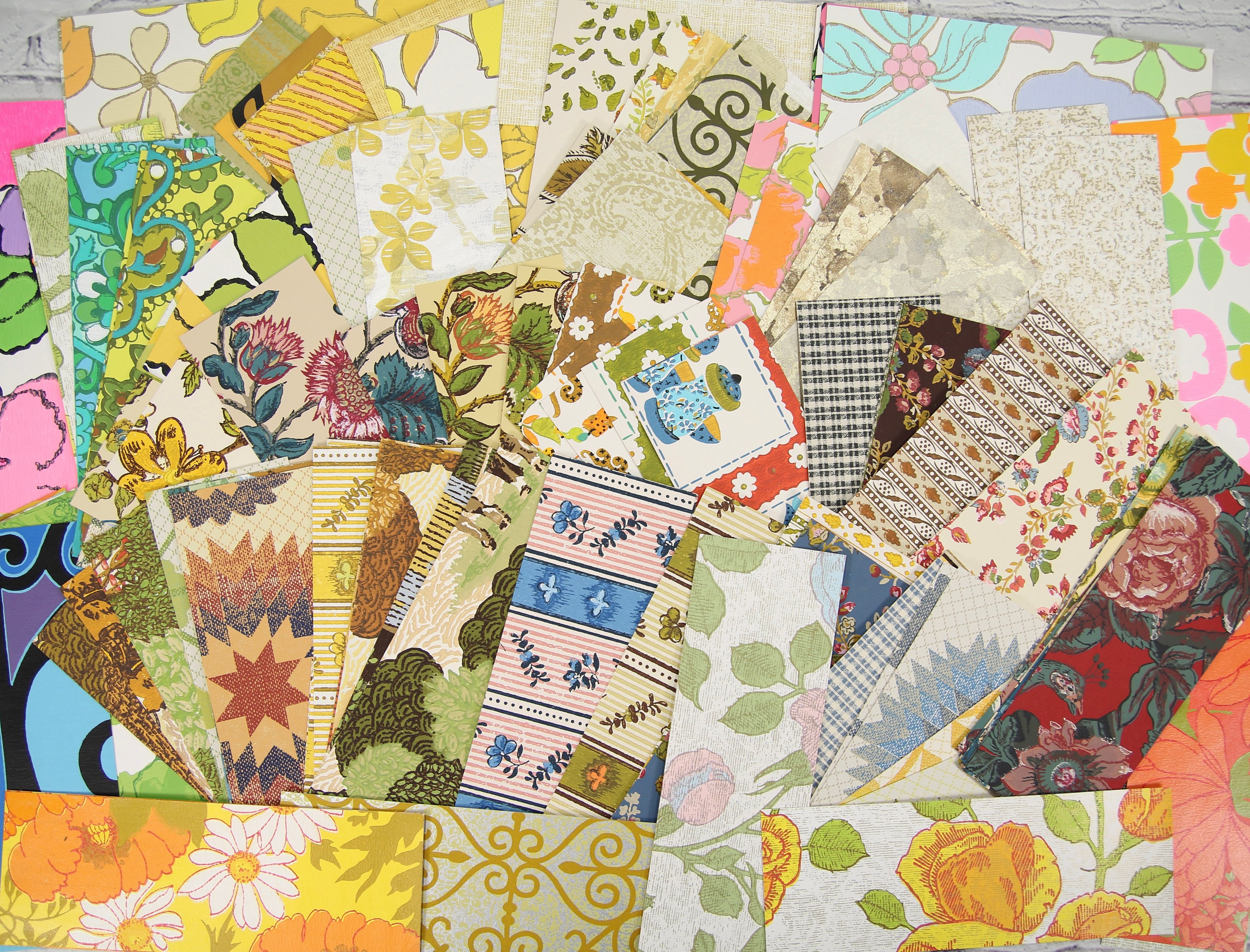 Vintage Wallpaper Scrap Packs, Sets of 10 Different Pieces @ 3" Wide x 9" Long, Mixed Media Paper Craft Collage and Ephemera Supply. 10-18