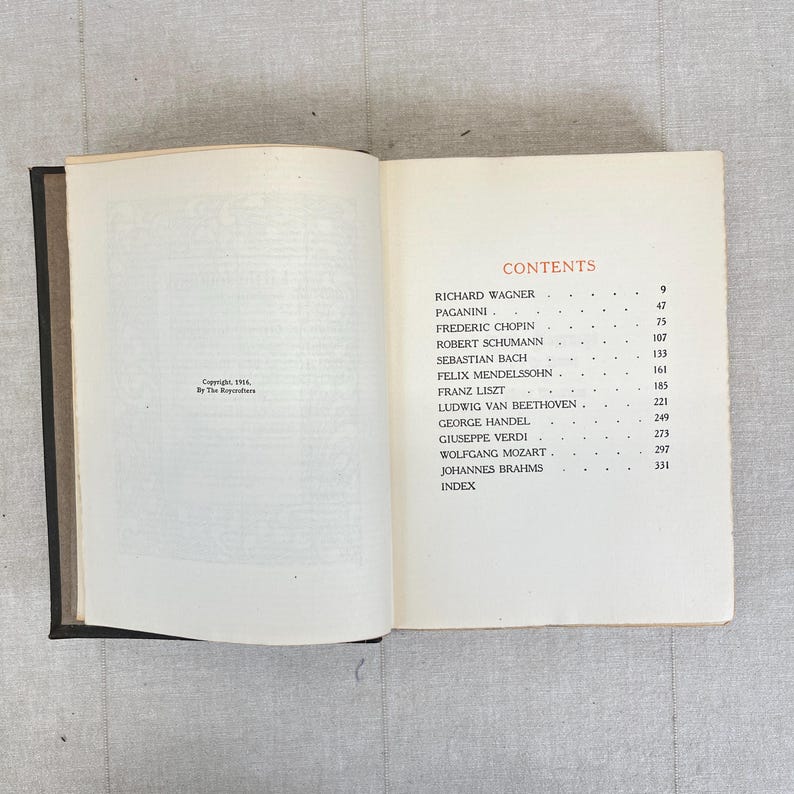 May include: Open book displaying the contents page of a book. The page lists composers such as Richard Wagner, Frederic Chopin, and Ludwig van Beethoven. The text is in black font on a cream-colored page.