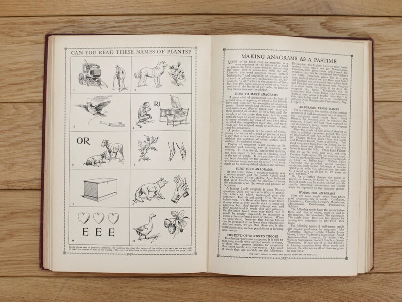 Pu&ograve; includere: Un libro vintage con un'illustrazione in bianco e nero di una pianta e il testo "Can you read these names of plants?" sulla pagina sinistra. La pagina destra contiene il testo "Making Anagrams as a Pastime" e una descrizione di come fare gli anagrammi.