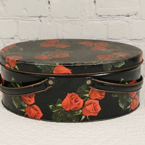 Vintage Floral Oval Tin With Handles And Lid, Black Tin With Red Rose Design. Sewing Box