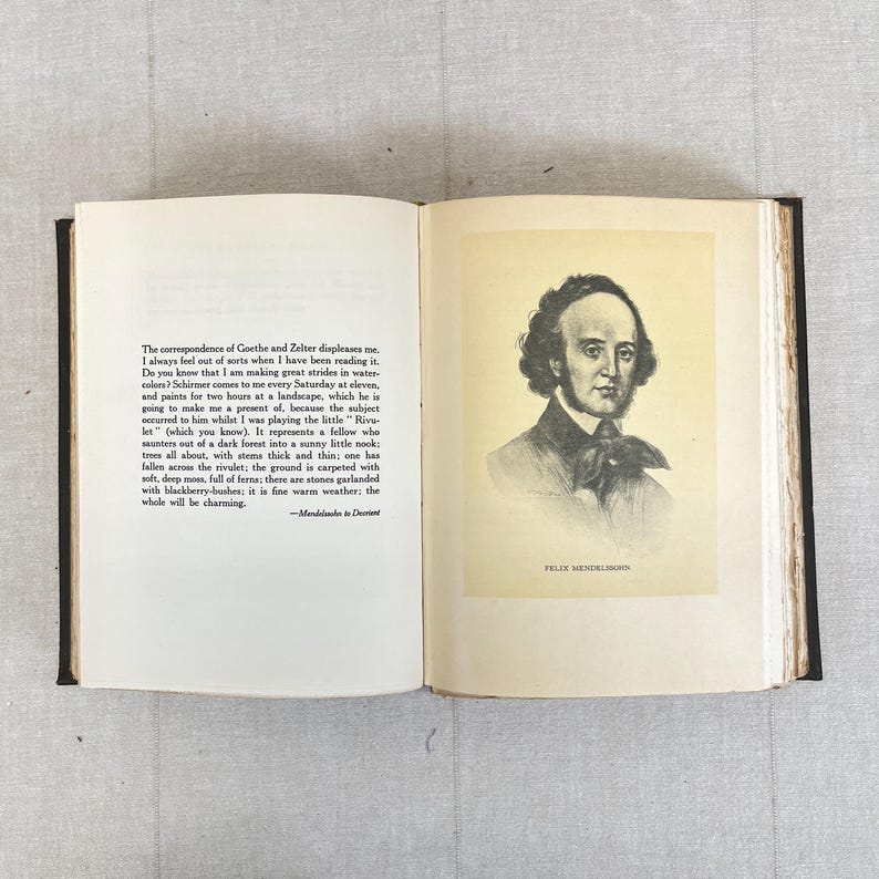 May include: An open book with text and a portrait of Felix Mendelssohn. The left page features printed text, while the right page displays a black and white portrait of a man with the name "FELIX MENDELSSOHN" below.