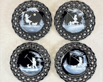 Westmoreland Vintage Black Glass Plate Mary Gregory Style, 8.5 Inch
