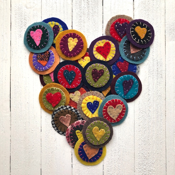 Penny Circles w Heart Centers, Hand Stitched, 100% Recycled Felted Wool, Embroidered, Ready to use,  Set of 6, Primitive Craft, Mixed Media