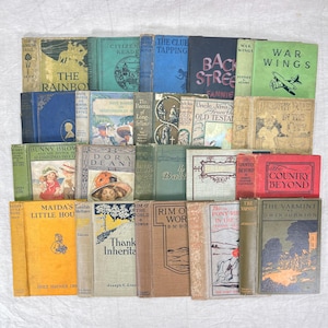 May include: A collection of vintage books with various titles and colors. The books are arranged in rows, showcasing a variety of cover designs and fonts. Titles include "The Rainbow Trail," "War Wings," and "Maida's Little House."