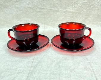 Ruby Red Glass Tea Cup And Saucer Set of 2.  Vintage Mid Century Glassware Made in France by Arcoroc