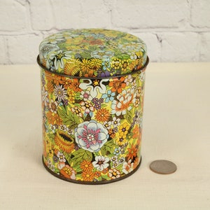 Decorative Floral Tin Canister, Bright And Colorful Vintage Round Tin With Lid.