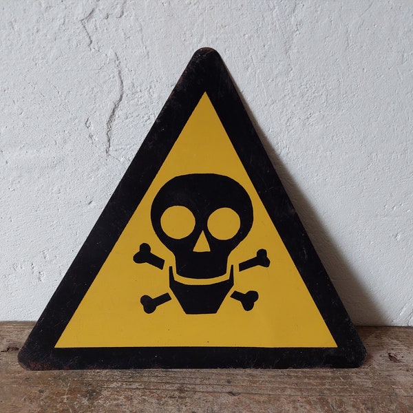 Warning Sign - Life Threatening Near Voltage Soviet LARGE Arrow Metal Sign Industrial Decor USSR Collectible skeleton head skull sign