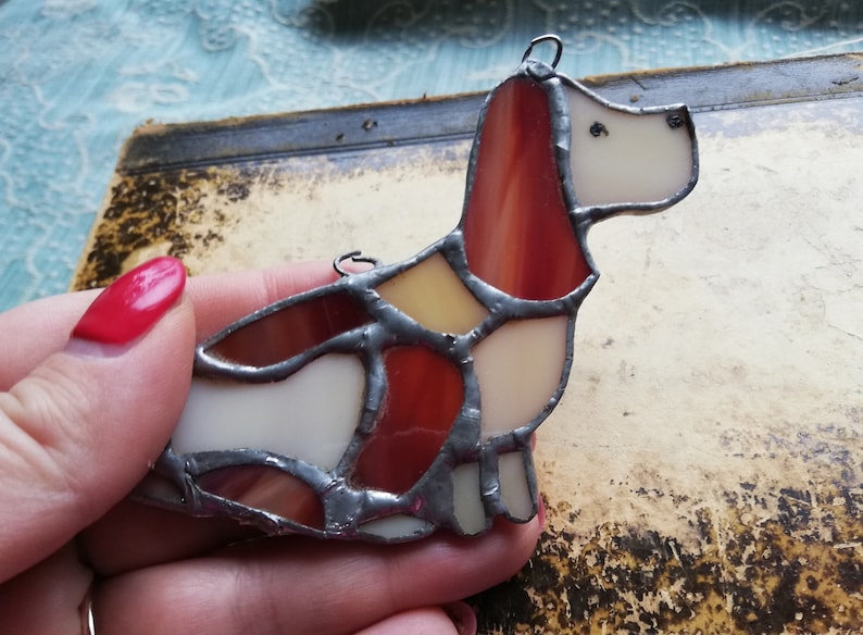 Handmade Stained Glass Panel dog vintage Wall Decor Handcraft