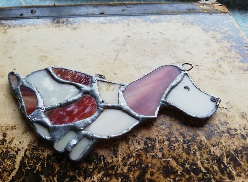 Handmade Stained Glass Panel dog vintage Wall Decor Handcraft