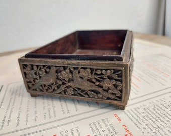 Antique wooden box with metal frame metal birds decorations Jewellery box storage box metal carved wooden box