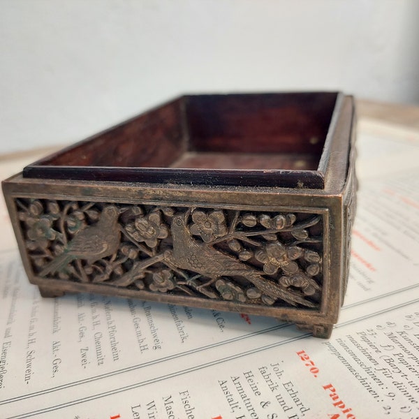 Antique wooden box with metal frame metal birds decorations Jewellery box storage box metal carved wooden box