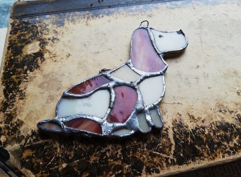 Handmade Stained Glass Panel dog vintage Wall Decor Handcraft