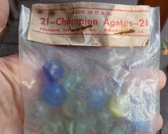 Vintage Marbles Original Bag Champion Agates Cat eye 21 Marbles in Unopened Bag Champion Agate Co. Virginia U.S.A.