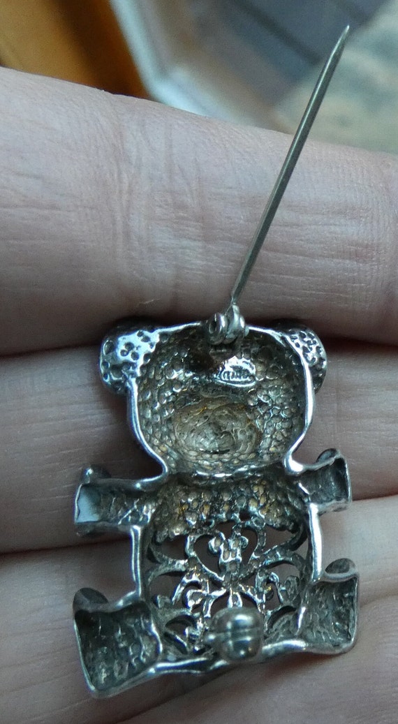 Vintage Sweet Bear Brooch Pin Sterling Silver wit… - image 4