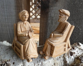 Vintage Carved Wood Happy Couple in Rocking Chair Sculpture Folk Art Andre Bourgault 1930's