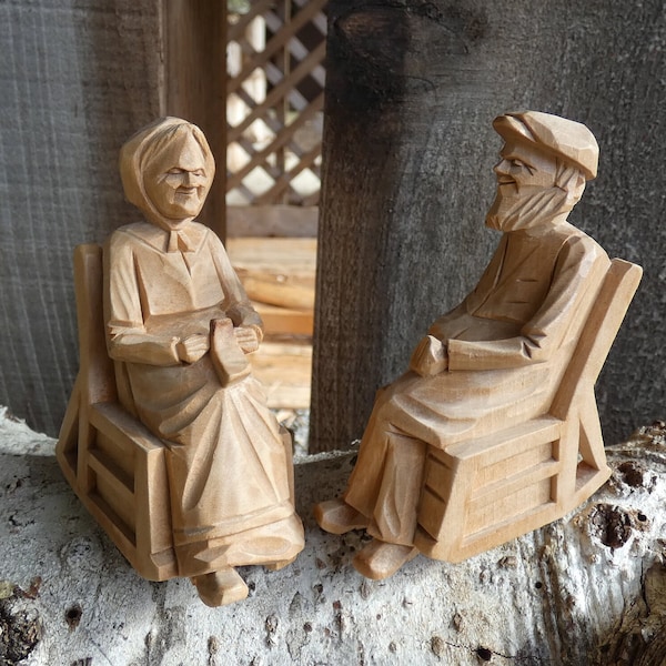 Vintage Carved Wood Happy Couple in Rocking Chair Sculpture Folk Art Andre Bourgault 1930's