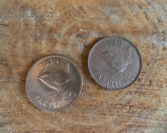 Wren British Coins Farthing Set of 2 Extra Fine 1939 and 1946 Wren Bird