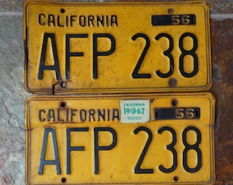 1956 California License Plate Pair Yellow Black Set 1962 Sticker - Cool Old Car Plates!