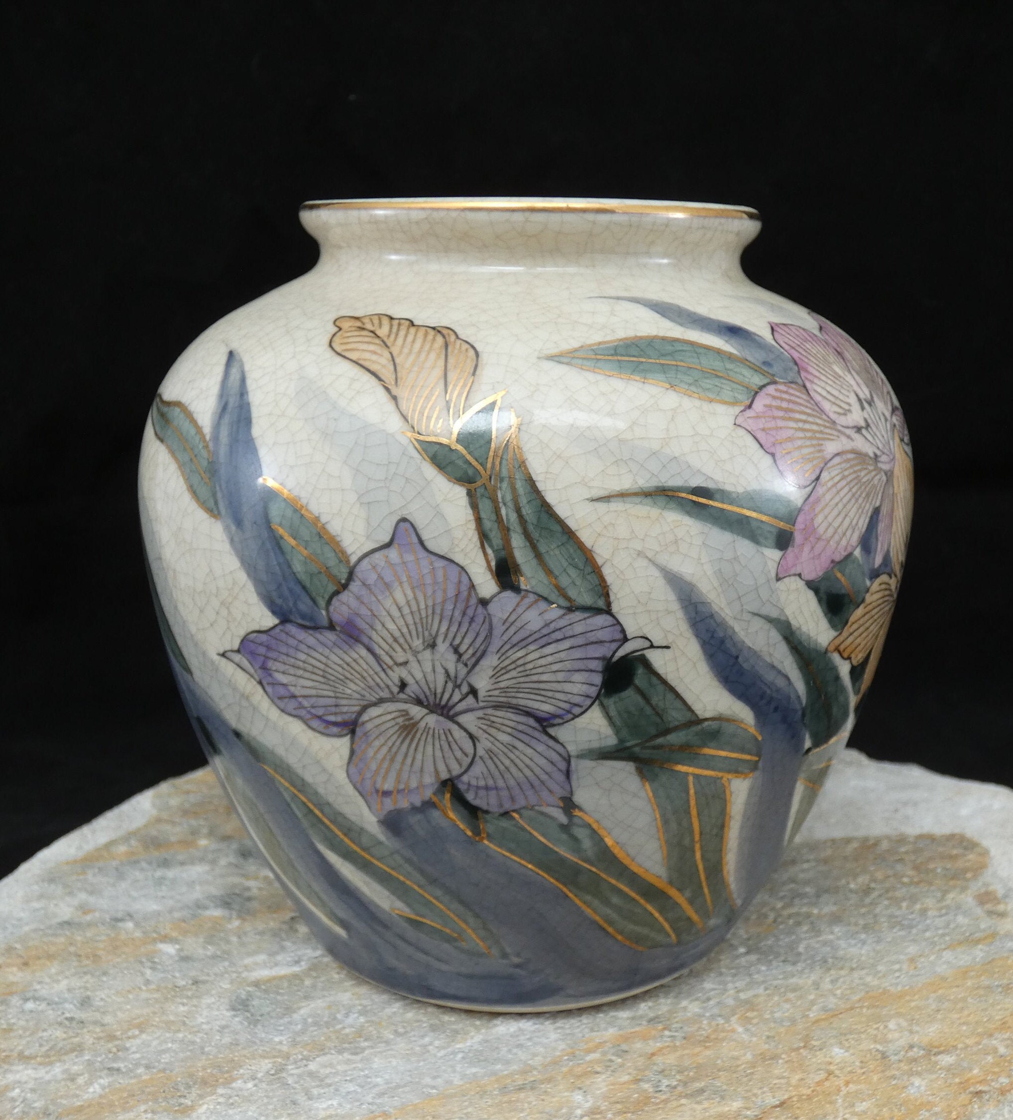 White Japanese Vase with Purple Irises - I Like Mikes Mid Century