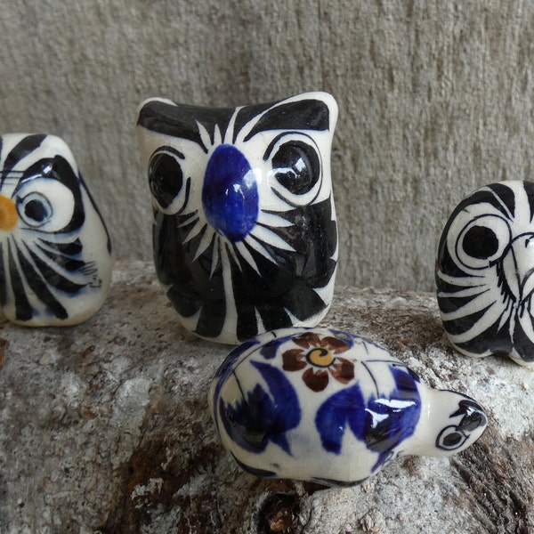 Vintage Owls and a Turtle Set of 4 from Mexico Tonala Pottery Hand Painted Sweet Little Ones!