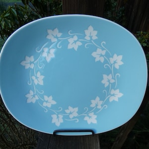 Vintage Harkerware Blue Platter Ivy Pattern 1960&#39;s Pottery Pretty Oval Shape