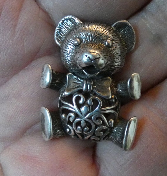 Vintage Sweet Bear Brooch Pin Sterling Silver wit… - image 1