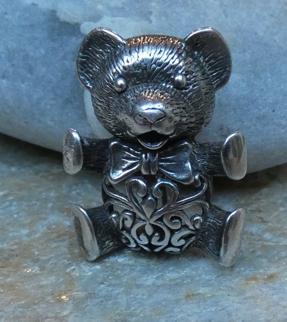 Vintage Sweet Bear Brooch Pin Sterling Silver wit… - image 2