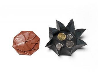 Holiday Sale, Handmade Leather Origami Coin Pouch, Folding Change Purse, Pinwheel Flower Coin Purse, Folded Coin Pouch