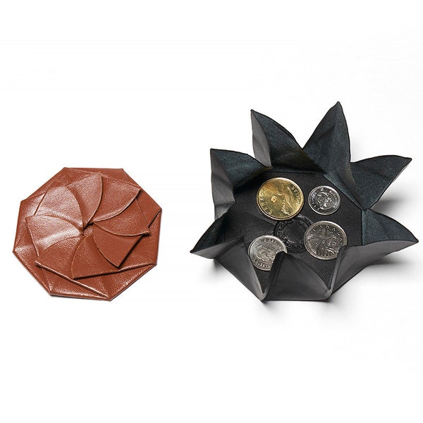 Holiday Sale, Handmade Leather Origami Coin Pouch, Folding Change Purse, Pinwheel Flower Coin Purse, Folded Coin Pouch