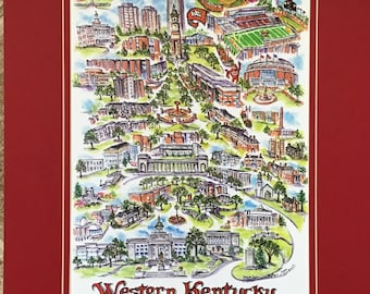 Western Kentucky “Hilltoppers” Pen and Ink Signed and Numbered Watercolor Campus Print by Artist Linda Theobald ***FREE SHIPPING***