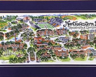 Northwestern State University of Louisiana  - Pen and Ink Signed and Numbered Watercolor Campus Print by Linda Theobald ***FREE SHIPPING ***