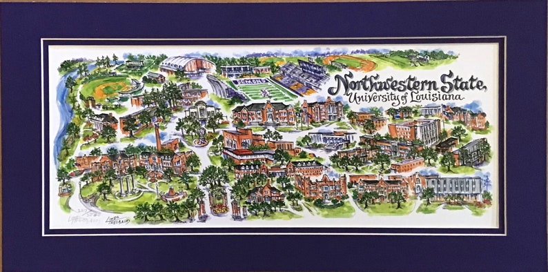 Northwestern State University of Louisiana Pen and Ink Signed and Numbered Watercolor Campus Print by Linda Theobald FREE SHIPPING Purple/Purple