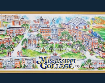 MISSISSIPPI COLLEGE “Choctaws” Pen and Ink Signed and Numbered Watercolor Campus Print by Artist Linda Theobald