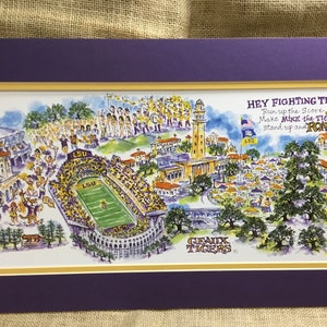 LSU "Game Day" "Geaux Tigers" Pen and Ink Watercolor Print by Artist Linda Theobald ***FREE SHIPPING***