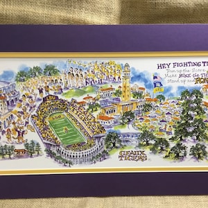 LSU &quot;Game Day&quot; &quot;Geaux Tigers&quot; Pen and Ink Watercolor Print by Artist Linda Theobald FREE SHIPPING **Except Hawaii & Alaska