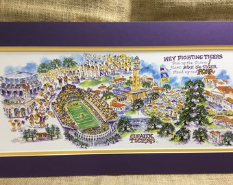LSU Game Day “Geaux Tigers” Pen and Ink Watercolor Print by Linda Theobald FREE SHIPPING **Except Hawaii & Alaska**