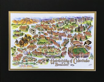 University of Colorado Boulder “Buffaloes” limited edition signed and numbered  pen and ink watercolor print by Linda Theobald FREE SHIPPING