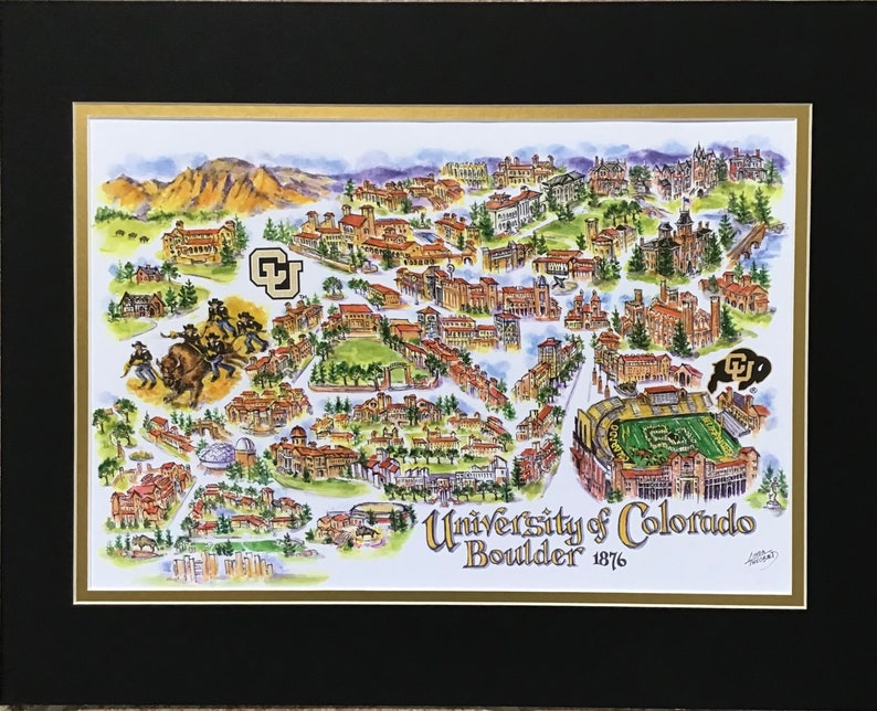 University of Colorado Boulder Buffaloes limited edition signed and numbered pen and ink watercolor print by Linda Theobald FREE SHIPPING Black/Gold