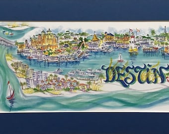 DESTIN, FL signed and numbered pen and ink watercolor print in  10 X 20 single mat by Artist Linda Theobald