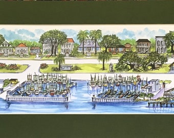 Pass Christian, MS “Harbor View” Pen and Ink Signed and Numbered Watercolor Print by Artist Linda Theobald ***FREE SHIPPING***