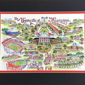 University of Mississippi Ole Miss Pen and Ink Signed and Numbered Watercolor Campus Print by Artist Linda Theobald FREE SHIPPING Navy Mat/Red Inside